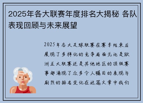 2025年各大联赛年度排名大揭秘 各队表现回顾与未来展望