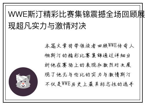 WWE斯汀精彩比赛集锦震撼全场回顾展现超凡实力与激情对决